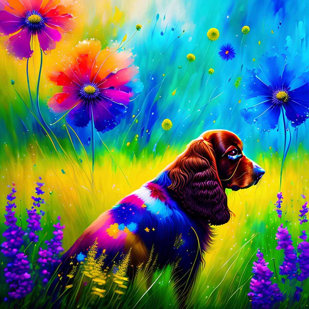 Vibrant Spaniel Dog Surrounded by Colorful Flowers