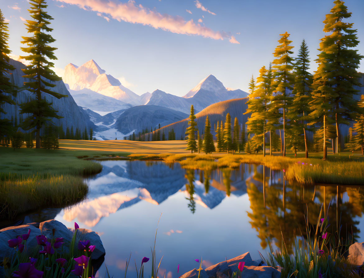 Serene Sunrise Mountain Landscape with Reflective Lake