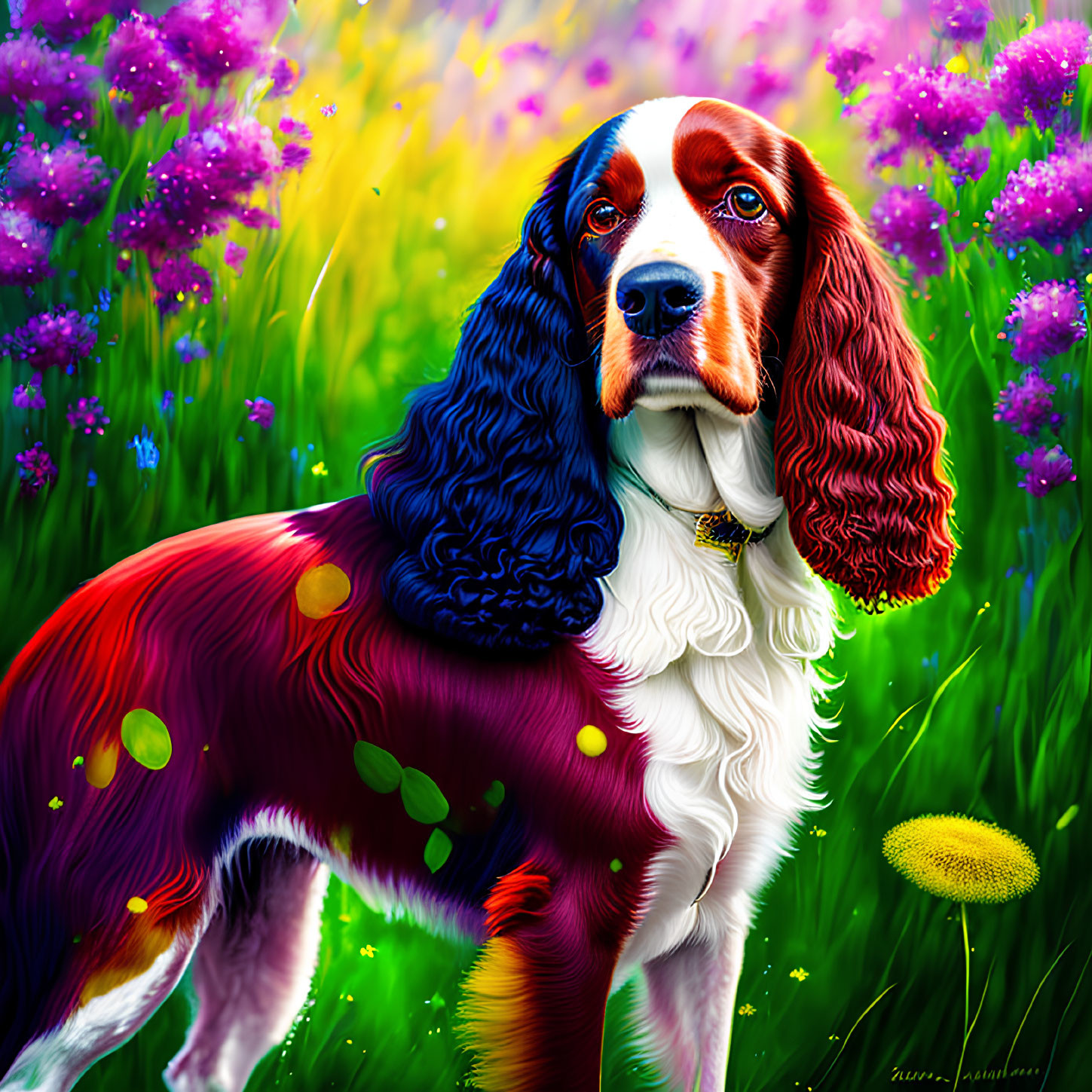 Colorful Spaniel Dog in Meadow with Purple Flowers and Bright Light Spots