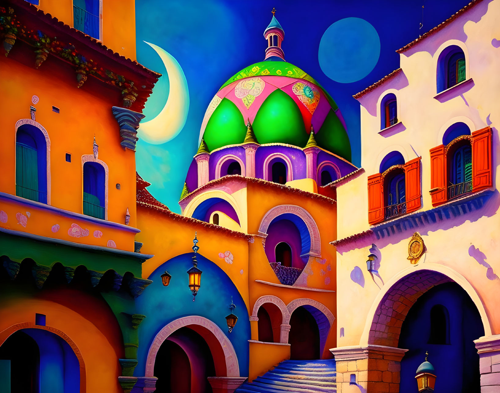Colorful Town Painting with Multicolored Dome and Surreal Architecture