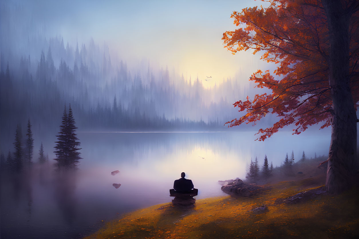 Person sitting by serene lake at sunrise with foggy pine forests and autumn tree.