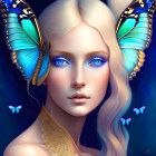 Portrait of woman with blue eyes and butterflies, gold details & ethereal aura