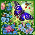 Colorful Butterfly and Ladybug Digital Artwork with Flowers on Green Background