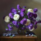 Purple and white dahlias in vase with fruits and golden bowl on golden cloth