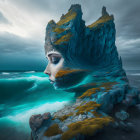 Woman's face merges with rocky cliffs in surreal landscape
