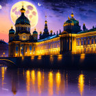 Baroque-style palace with domes under night sky reflected in river