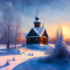 Snow-covered church in serene winter landscape.