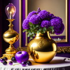 Golden vase with purple flowers, berries, and apple on table against luxurious backdrop