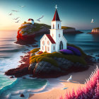 Serene coastal cliff with two white churches and blooming flowers