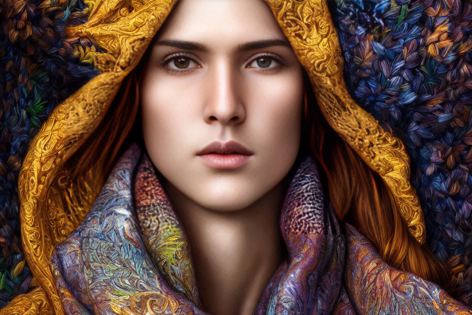 Striking gaze person in colorful shawl on vibrant backdrop