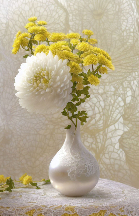 White Vase with Floral Patterns and Dahlia on Lace Background