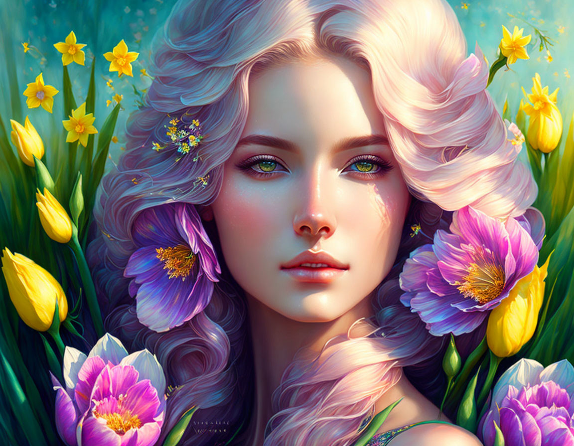 Fantastical portrait of woman with pastel pink hair among vibrant tulips and purple flowers