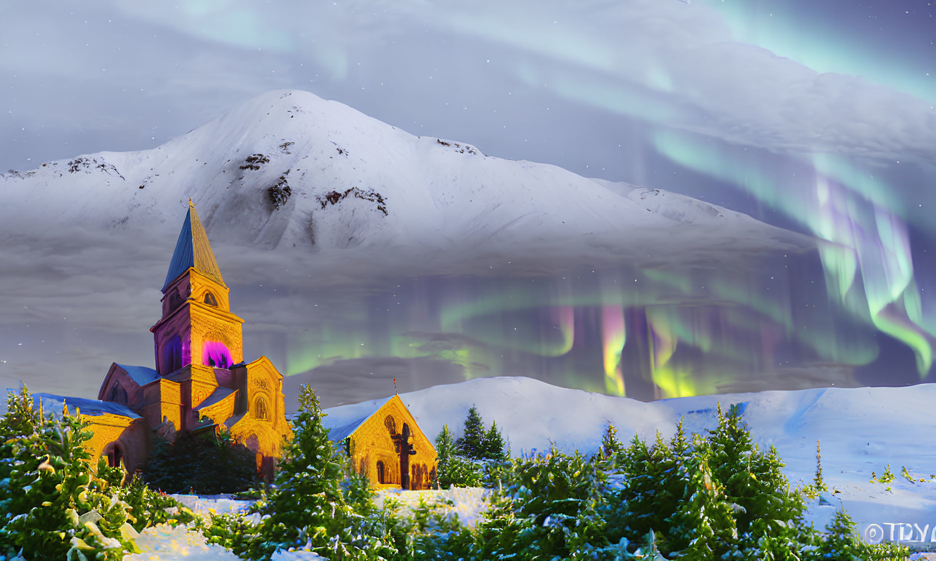 Snow-covered landscape with church, northern lights, and illuminated windows at dusk
