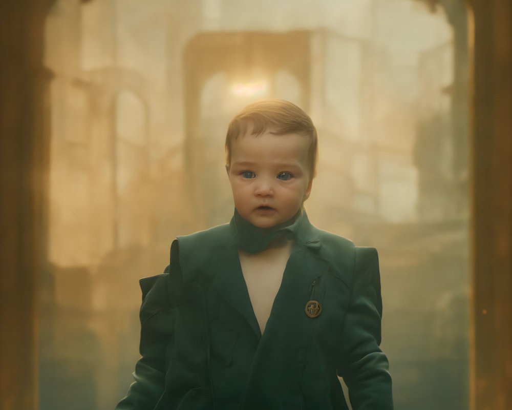 Toddler in Green Suit with Bow Tie in Misty, Archaic Hallway