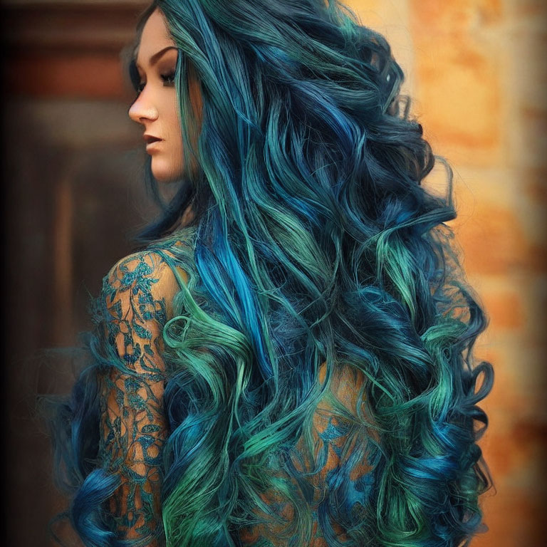 Blue-haired woman in lace dress showcasing vibrant colors and curls