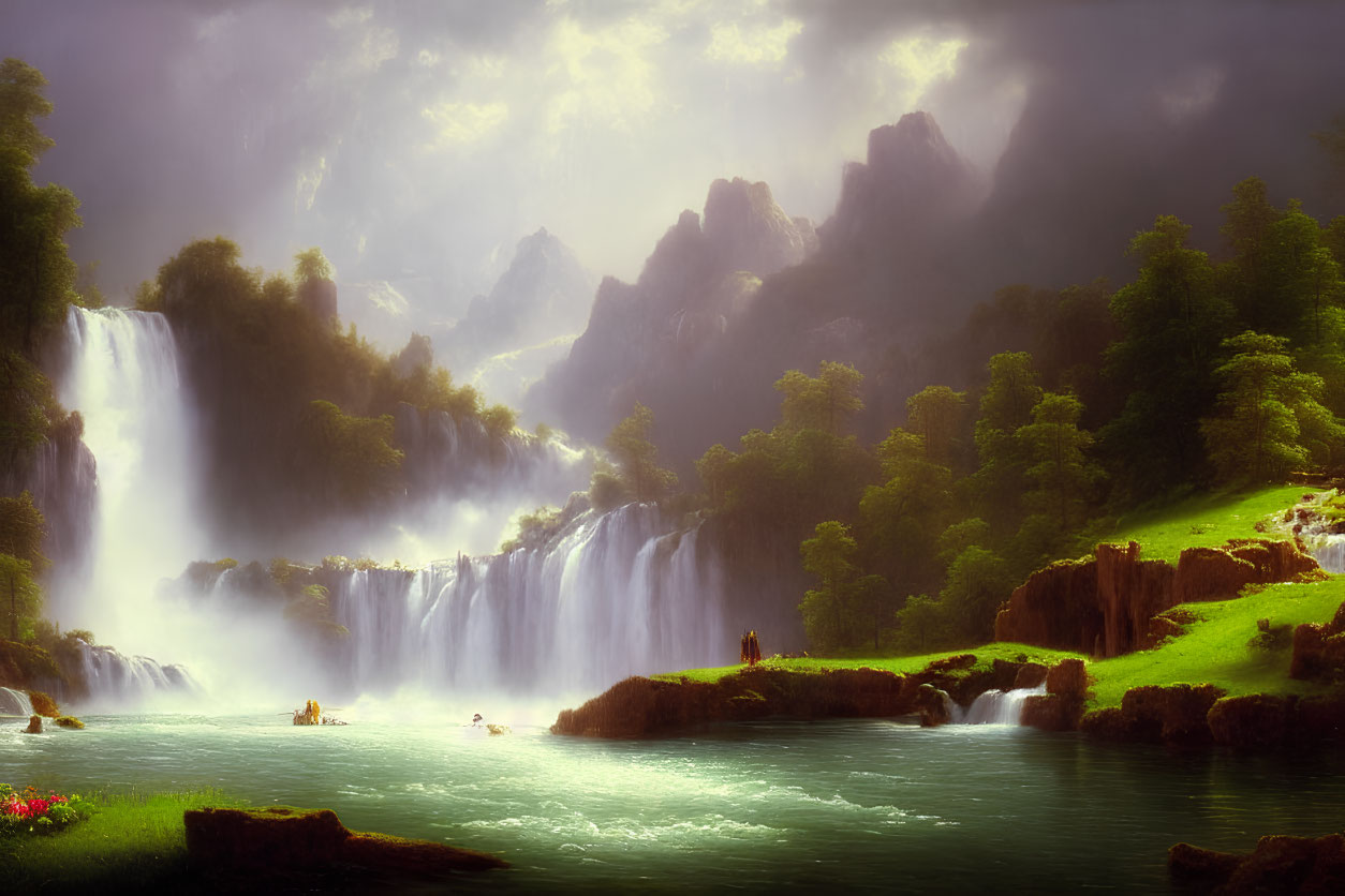 Tranquil landscape with waterfalls, greenery, misty mountains, and lone figure