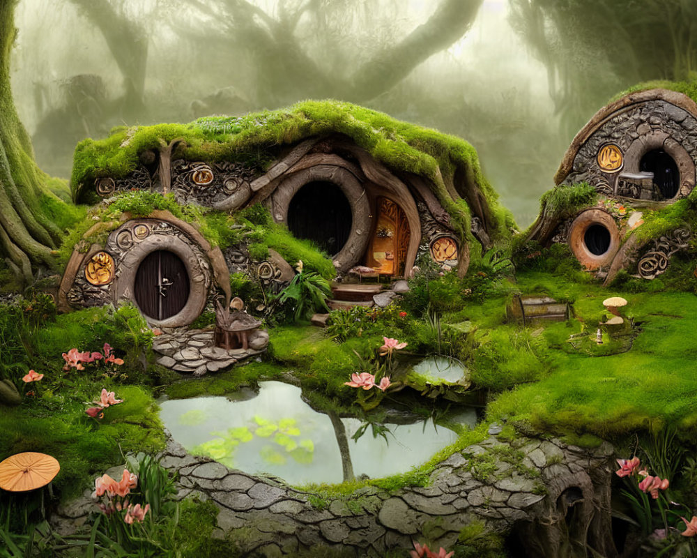 Whimsical hobbit-style houses in enchanted forest setting