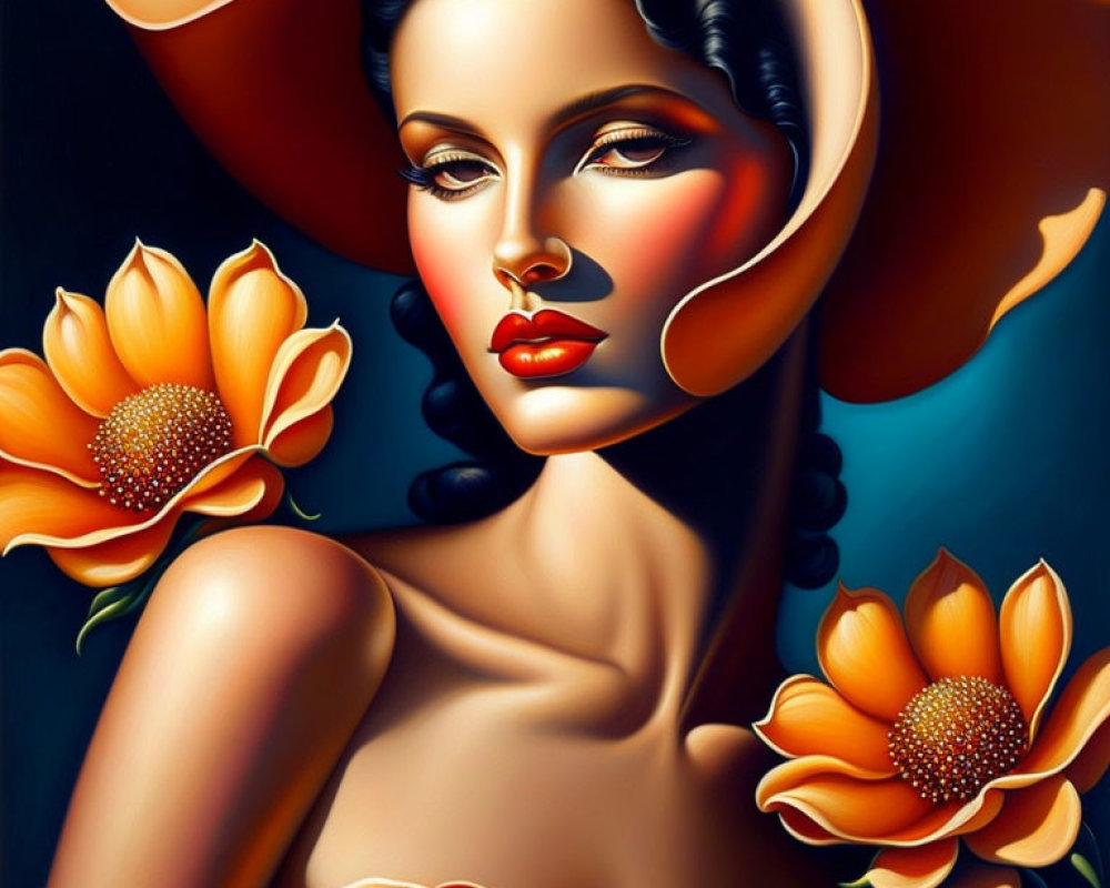 Vibrant portrait of a woman in wide-brimmed hat with orange flowers