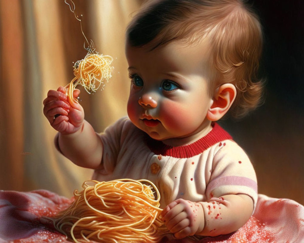 Baby with big eyes in red & white outfit playing with messy spaghetti