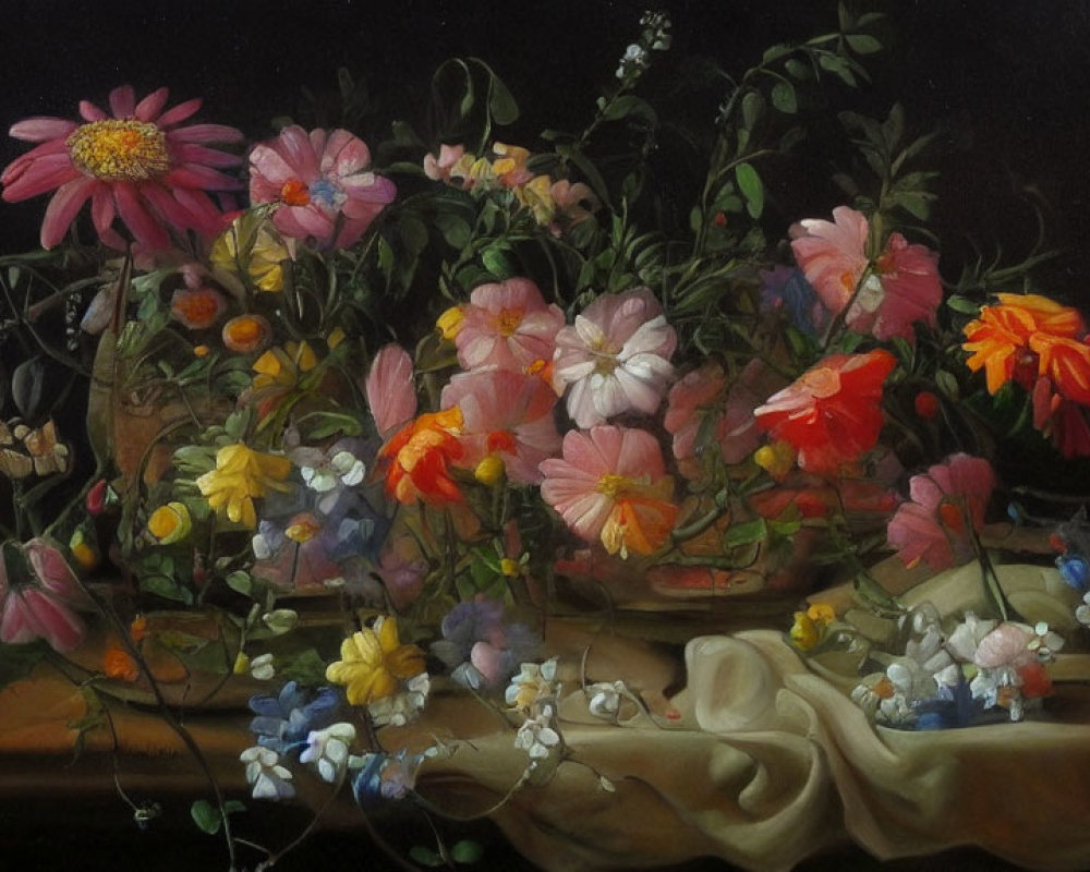 Classic Still Life Painting: Vibrant Flowers in Bowl with Draped Fabric on Dark Background