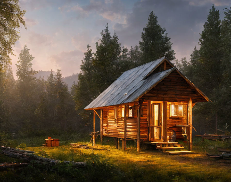 Rustic wooden cabin in forest setting at golden hour