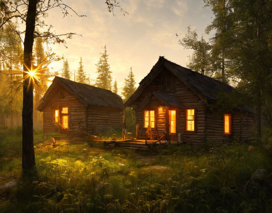 Rustic log cabins in forest at sunrise with warm light