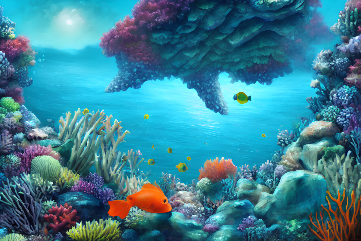 Colorful Coral Clusters and Fishes in Sunlit Underwater Scene