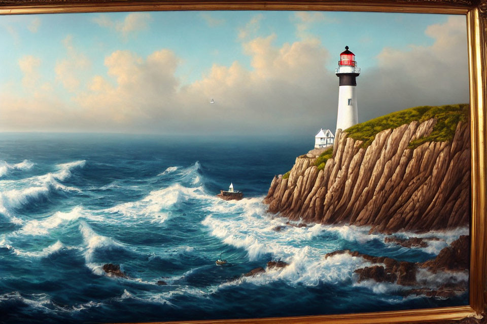 Lighthouse painting with turbulent waves and boat in cloudy sky