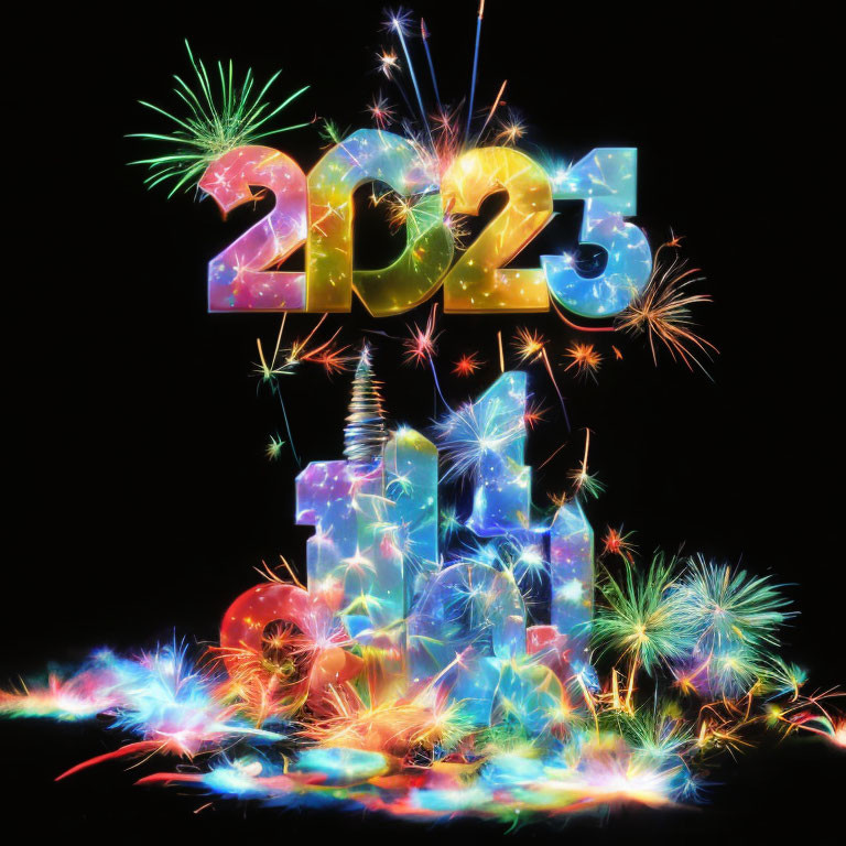 Vibrant "2023" Graphic with Fireworks and Glowing Butterflies