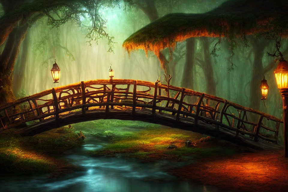 Wooden bridge over gentle stream in mystical forest with hanging lanterns and ethereal green light