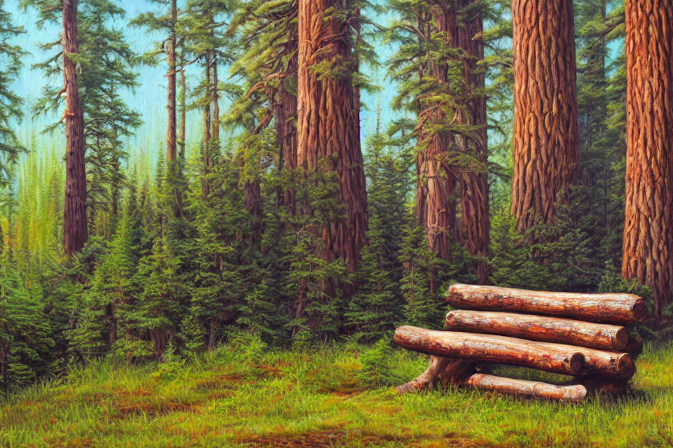 Serene forest digital painting with tall trees and logs on green undergrowth