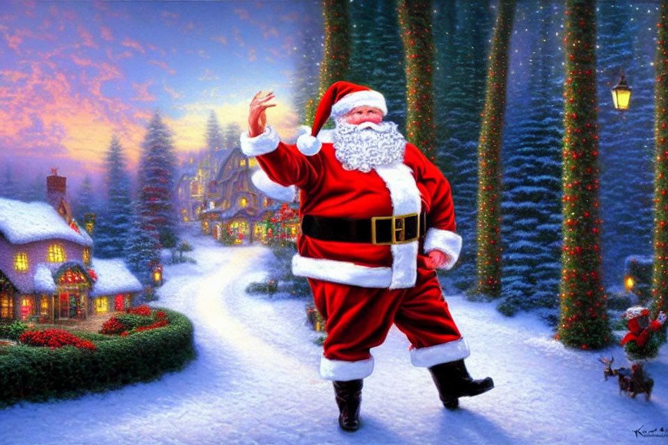 Santa Claus waving in snowy village with Christmas trees and lit houses under twilight sky