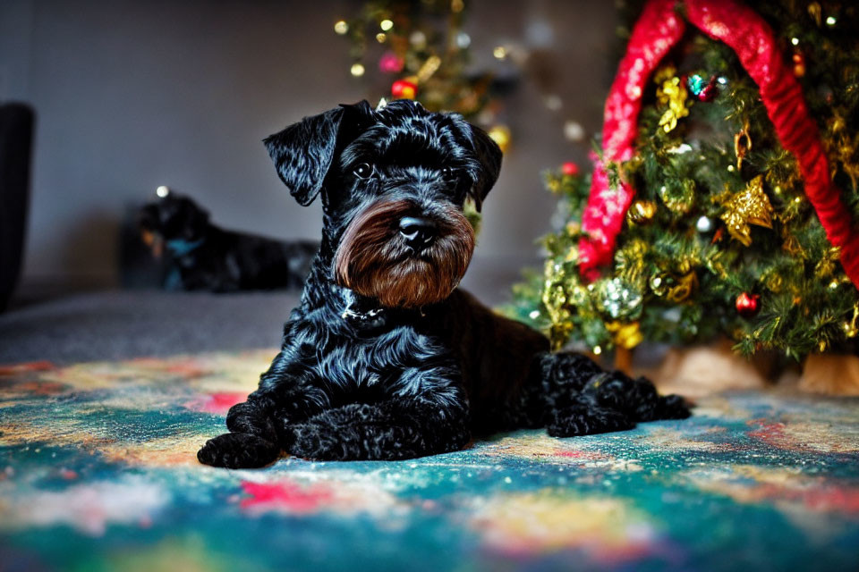 Black Schnauzer Puppy on Colorful Rug with Christmas Tree and Lights