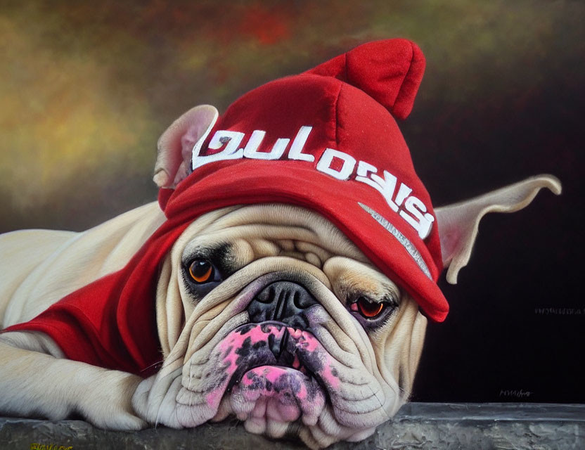 Pug dog in red beanie with "OUTDOGS", floppy ears