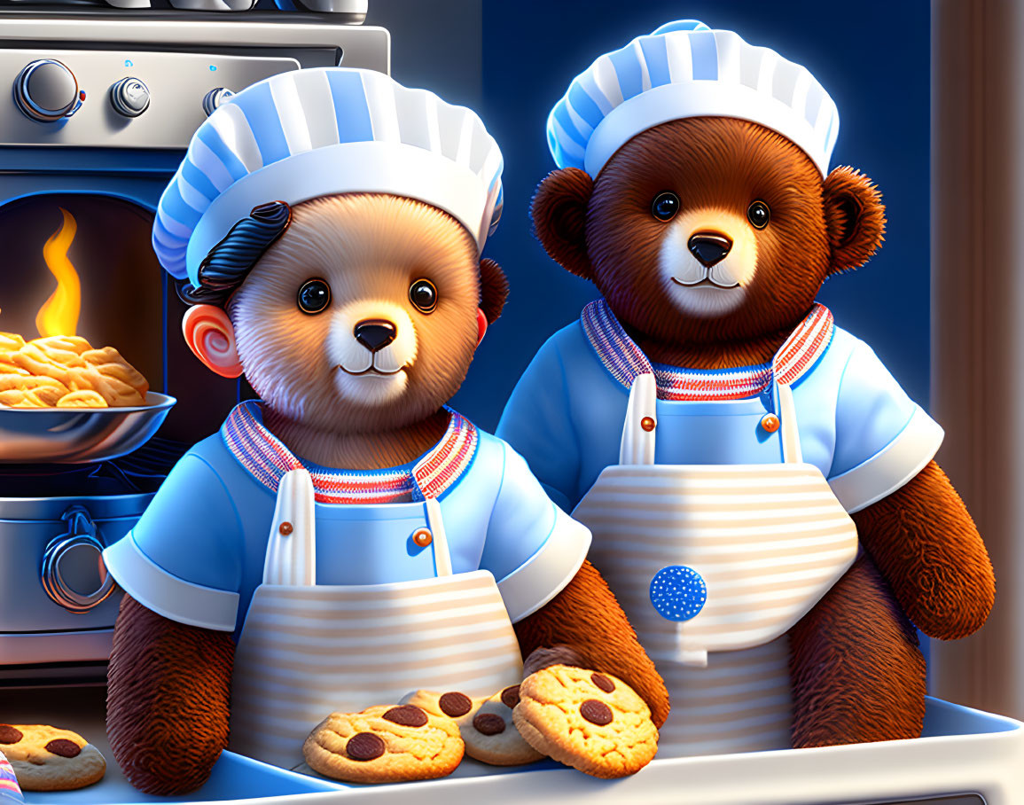 Bro and Sis Teddy Bears baking cookies