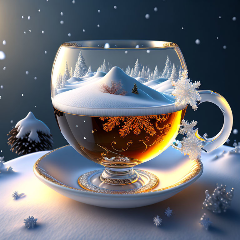 Transparent teacup with snowy landscape and trees, snowflakes and frost embellishments