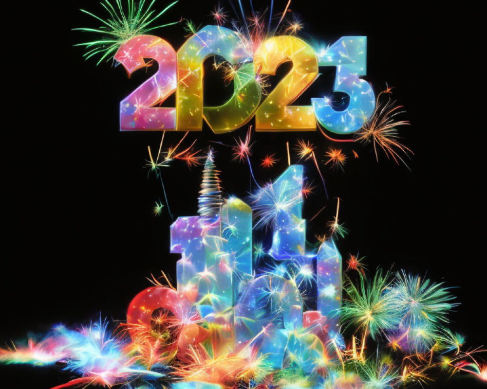 Vibrant "2023" Graphic with Fireworks and Glowing Butterflies