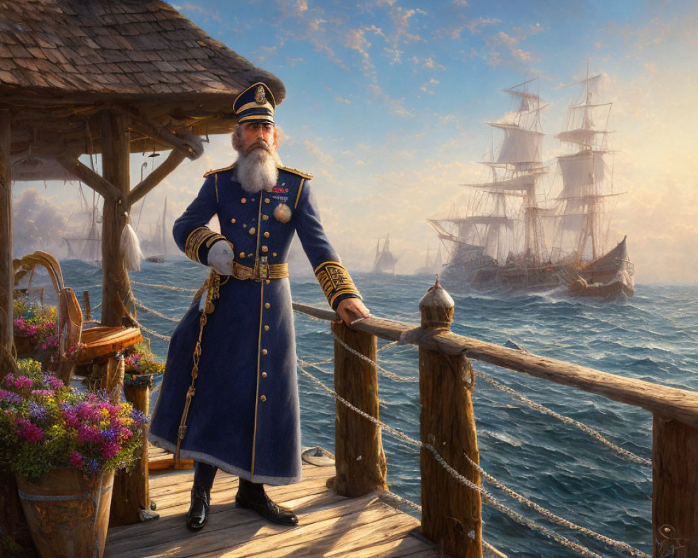 Bearded naval officer in blue uniform on pier with tall ships and foggy sea