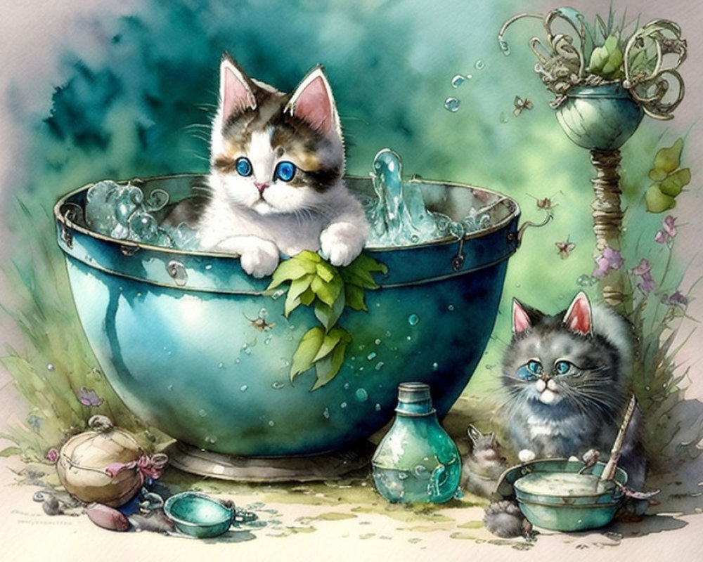 Two kittens playing near a blue water bowl and sink accessories
