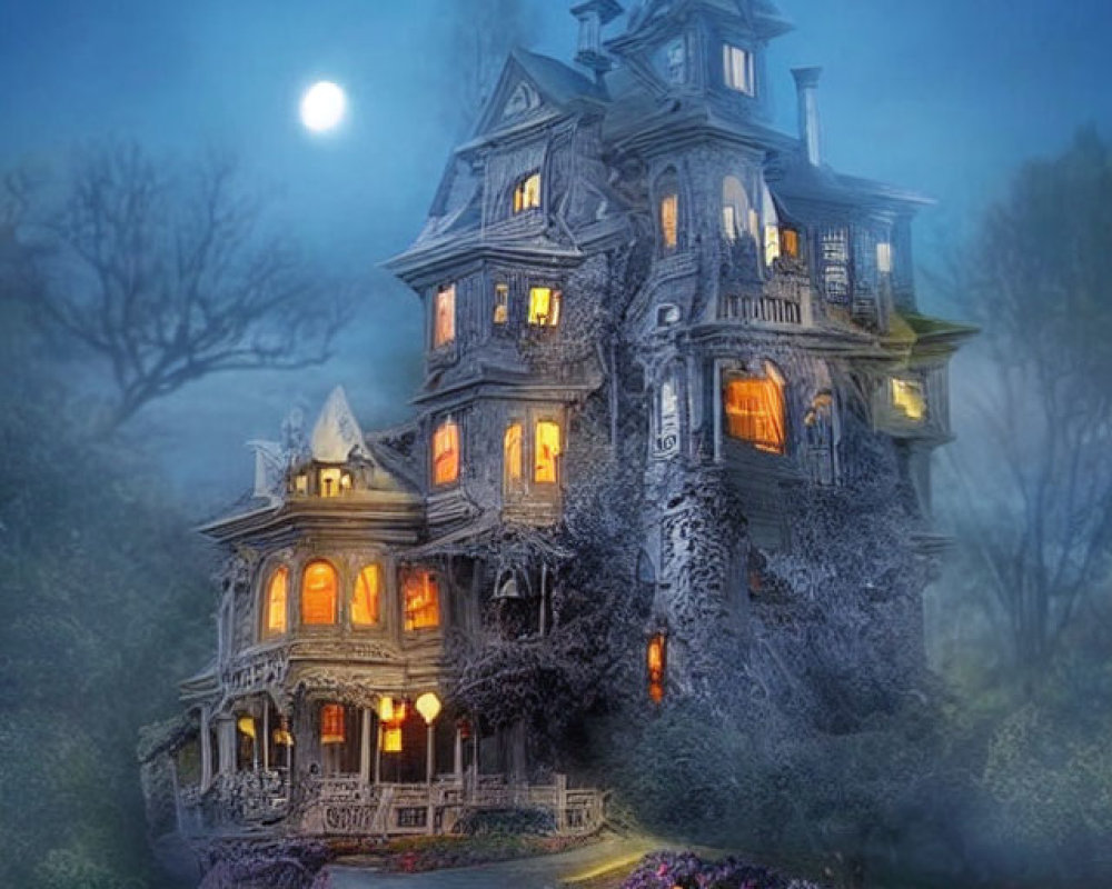 Victorian mansion at night with moonlit sky and glowing garden