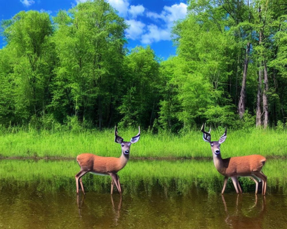 Two deer in shallow water with lush green forest and blue sky - serene nature scene