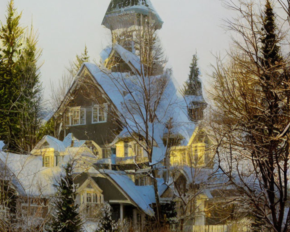 Quaint house with green-roof tower in snowy winter scene