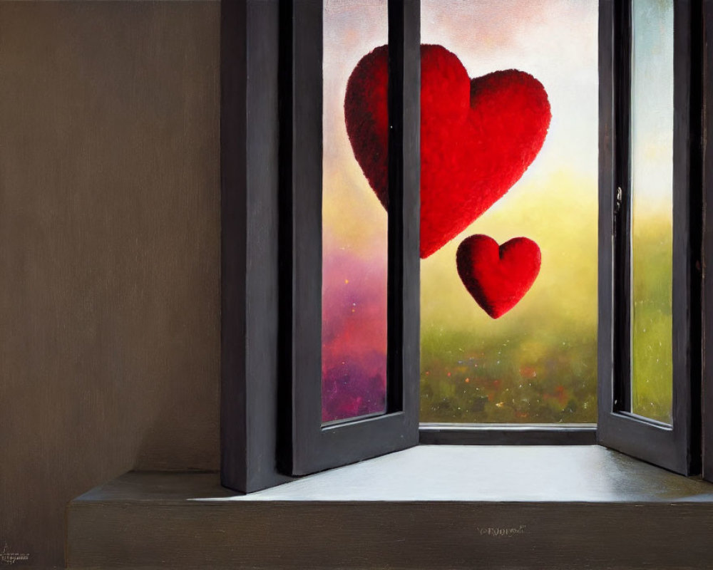 Red heart shapes float outside open window against warm, colorful background