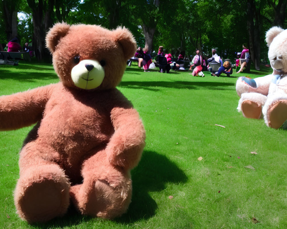 Brown Teddy Bear Sitting in Park with People and Another Bear