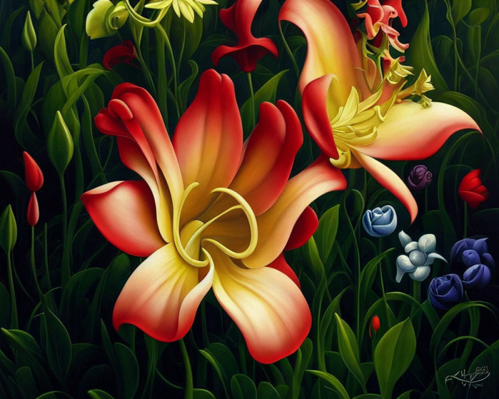 Colorful Floral Painting with Red and Yellow Twisty Flower in Lush Greenery