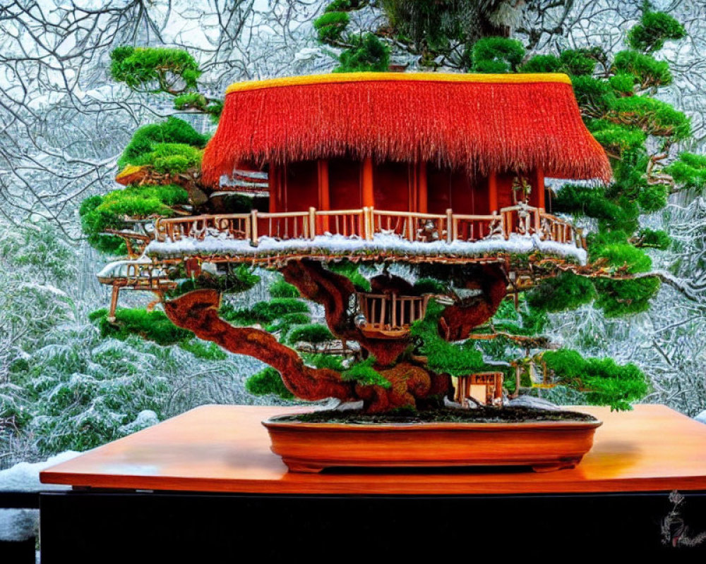 Miniature Bonsai Tree of Japanese House in Snowy Setting
