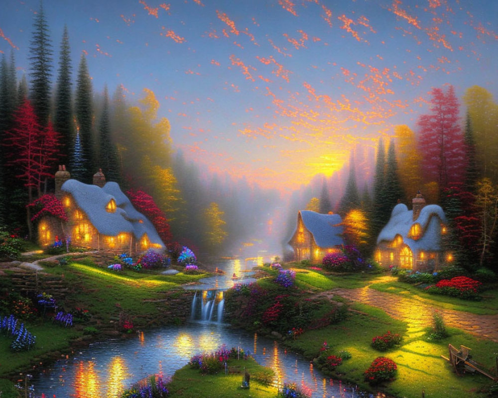 Twilight fantasy landscape with cottages, stream, flowers, and warm-hued sky