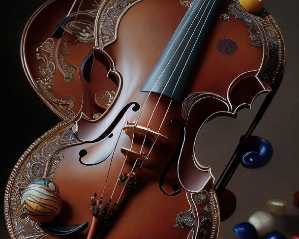 Unique Swirl Cut-Out Violin Surrounded by Colorful Candy Pieces