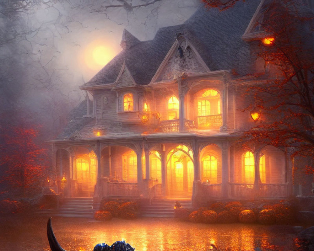 Victorian house at dusk with full moon, eerie trees, misty ambiance