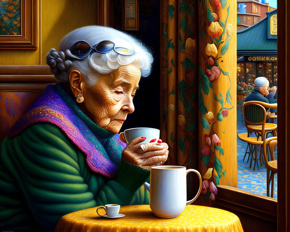 Elderly lady with white hair and glasses sipping from red cup at cafe